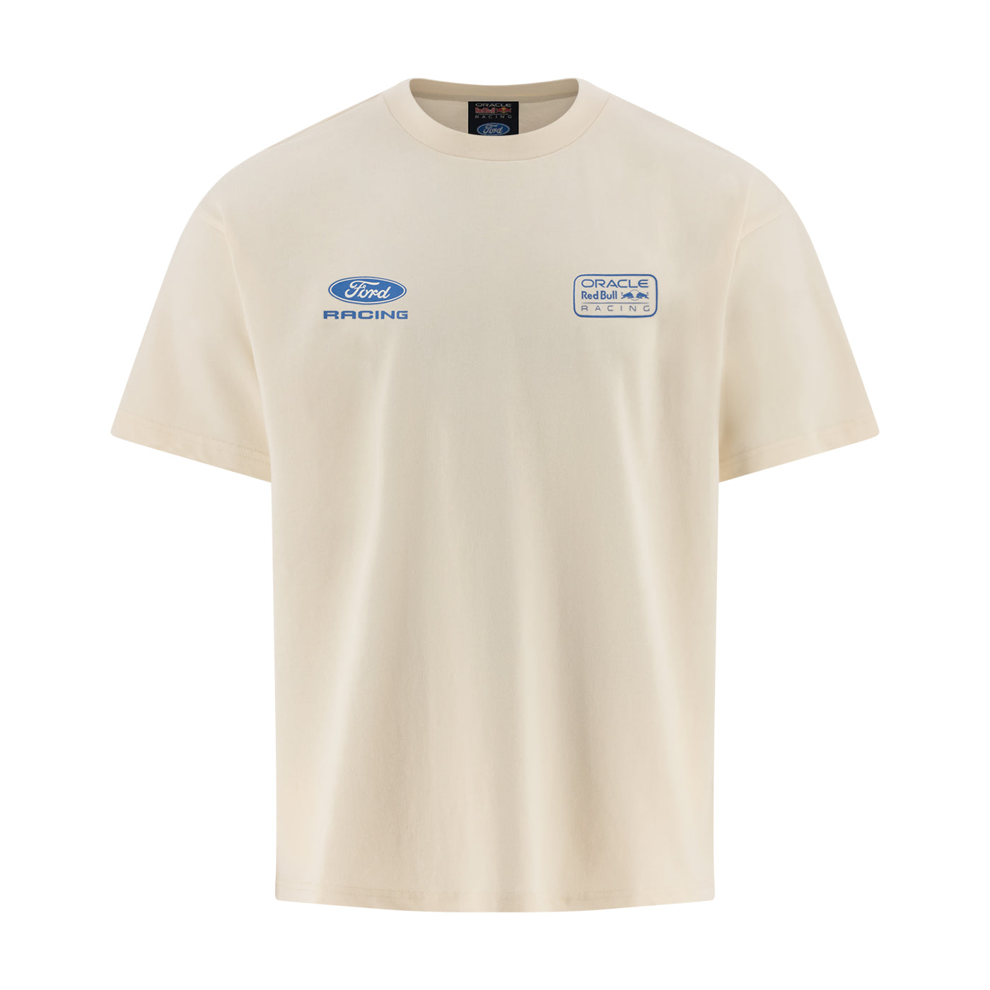 A cream-colored short-sleeve t-shirt featuring a blue Ford Racing logo on the left chest and a circular Track of the Americas Racing logo on the right chest, displayed on a clean white background.